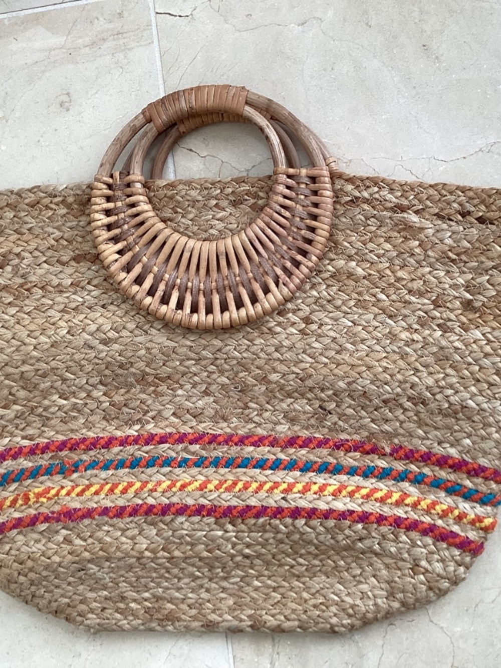 MAGID - LARGE WOVEN MULTI-COLOR JUTE BAG WITH ORNATE HANDLES - OS - Picture 2 of 6